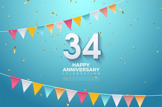 34th anniversary with 3d numbers and colorful flags