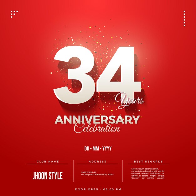 34th anniversary with floating numbers illustration.