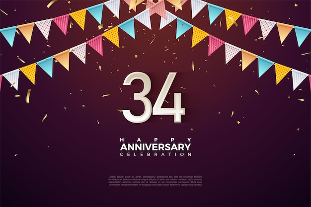 34th anniversary with illustration of numbers under colorful flags