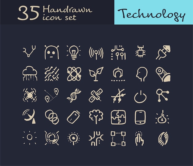 35 icona della tecnologia disegnata a mano. icona della tecnologia doodle