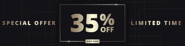 Vector 35 off sale banner special offer limited time 35 percent off sale discount offer luxury promotion banner with golden typography thirty five percent discount on black background vector illustration