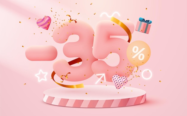 35 percent Off Discount creative composition 3d sale symbol with decorative objects balloons golden confetti podium and gift box Sale banner and poster