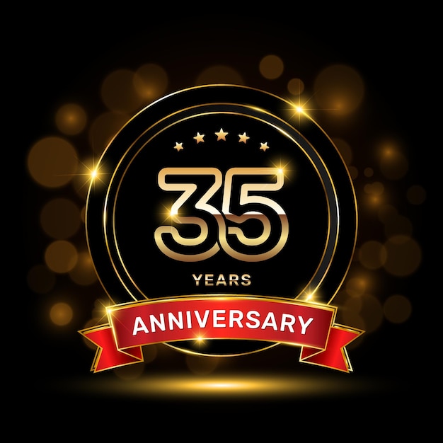 35 year anniversary logo with a gold emblem shape and red ribbon