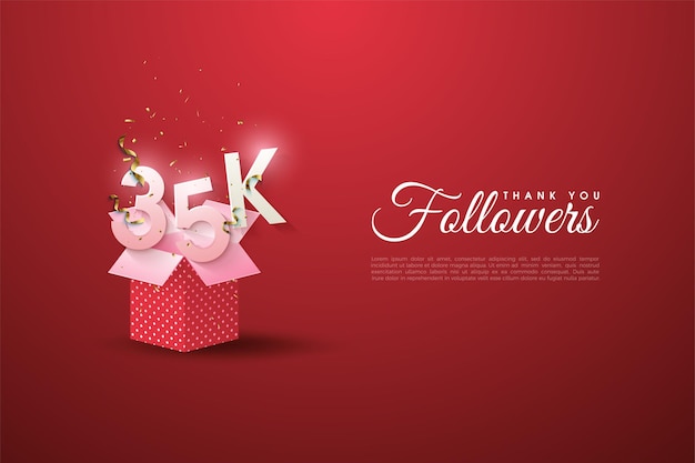 35k followers with realistic 3d red gift box.