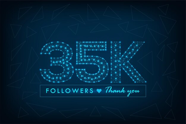 Vector 35k social media followers thank you polygonal wireframe post design with low poly blue background