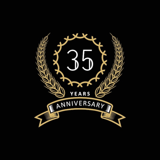 35ste verjaardagslogo met goud en wit frame en kleur op zwarte achtergrond