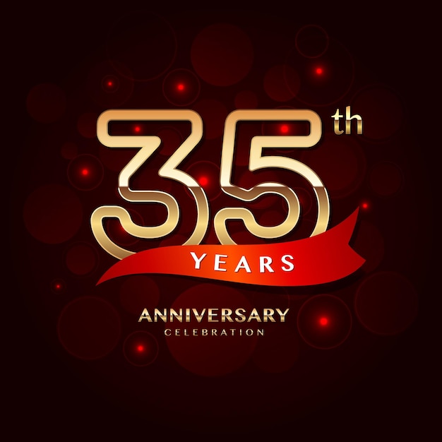 35th year anniversary celebration logo design with a golden number and red ribbon vector template