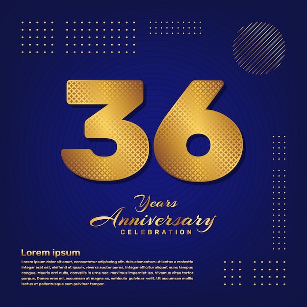 36-jarig jubileum sjabloonontwerp met een gouden patroonnummerstijl geïsoleerd op een blauwe achtergrond