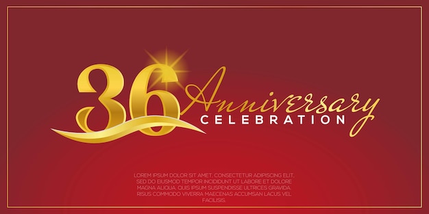 36-jarig jubileum, vectorontwerp voor jubileumviering met gouden en rode kleur.