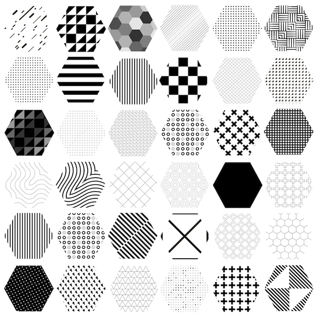 36 verschillende zeshoeken met verschillende patronen Vectorillustratie