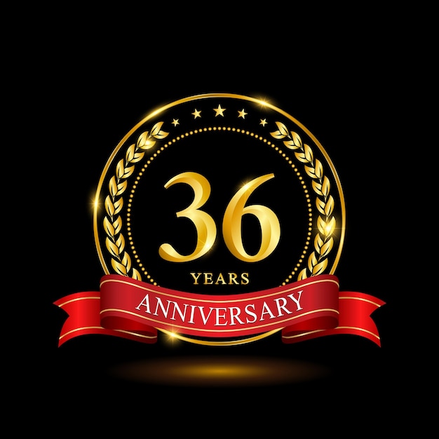 36 Years Anniversary template design with shiny ring and red ribbon laurel wreath isolated on black background logo vector