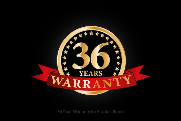 36 years golden warranty logo with ring and red ribbon isolated on black background
