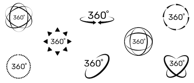 회전 가상 현실 또는 파노라마를 나타내는 화살표가 있는 360도 아이콘 세트 기호