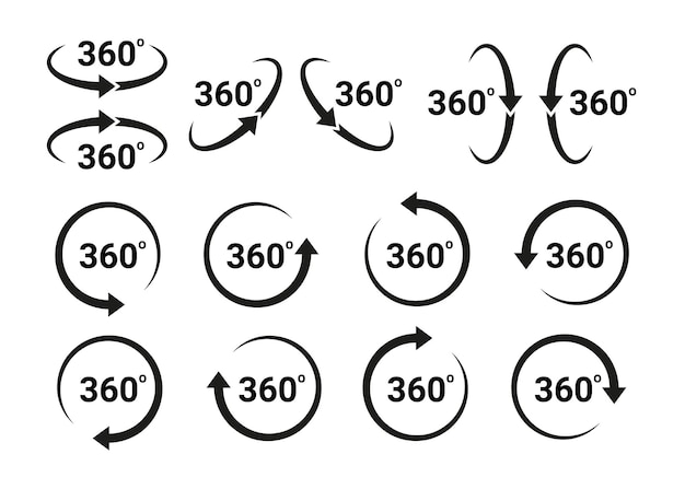 Vector 360 degrees arrow rotate around set icon circle signs vertical horizontal and diagonal view