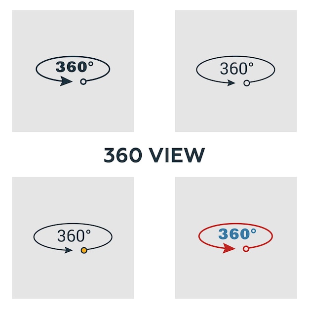 360 View icon set Vier elementen in verschillende stijlen van visuele apparaat iconen collectie Creative 360 view iconen gevuld overzicht gekleurde en platte symbolen