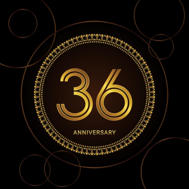 36th Anniversary Celebration with golden text and ring Golden anniversary vector template