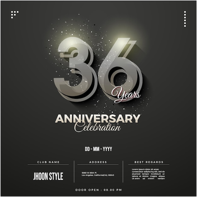 36th anniversary party invitation with numbers on black background