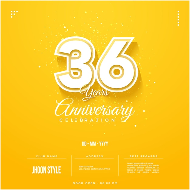 Invito alla festa del 36° anniversario con numeri bianchi su sfondo giallo pulito