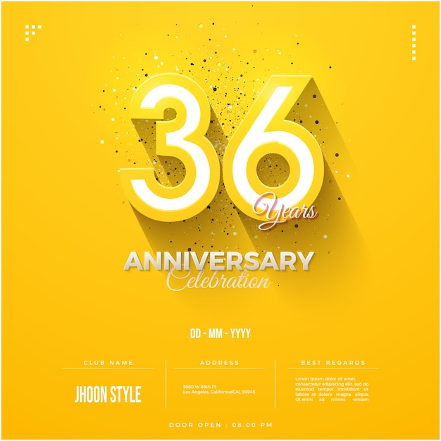 36th anniversary with embossed numbers on a yellow background