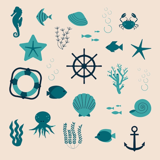 36x9a set on a marine theme fish crab octopus algae starfish monochrome set cartoon vector illustration