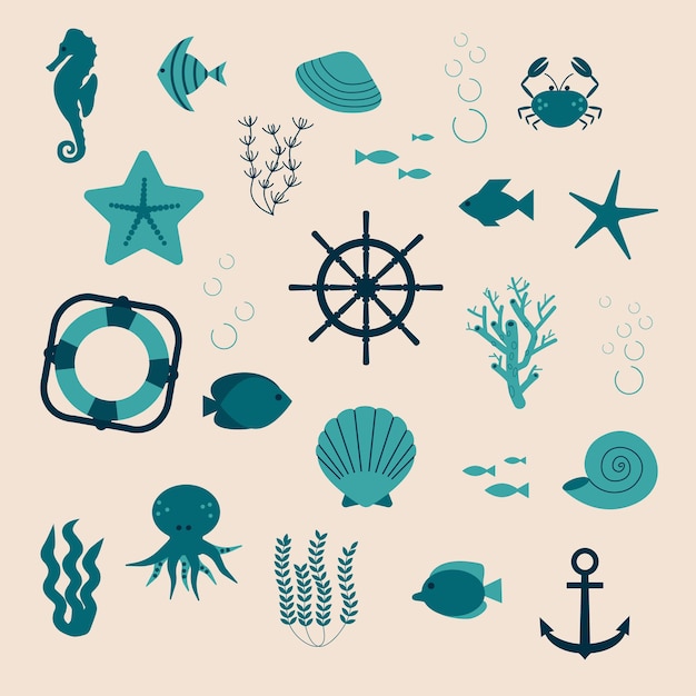 36x9a набор на морскую тему рыба краб осьминог водоросли морская звезда монохромный набор мультфильм векторная иллюстрация