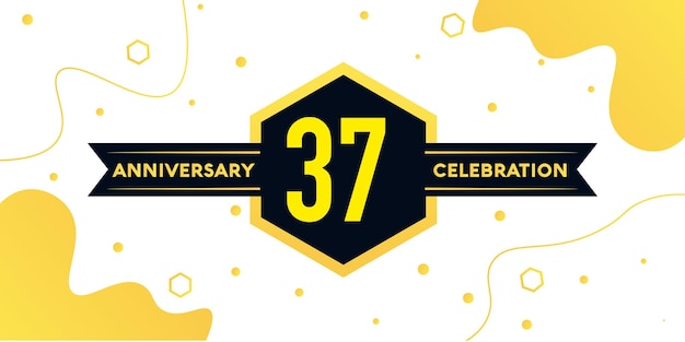 37 years anniversary logo vector design with yellow geometric shape with black on white background