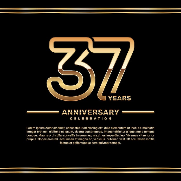 Vettore design del logo della celebrazione del 37° anniversario con numeri a doppia riga in colore oro