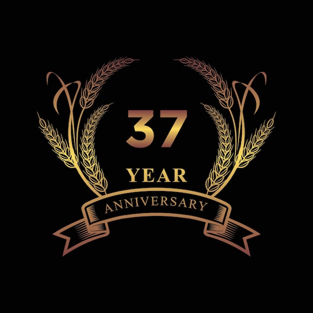 37th golden anniversary logo with ring and ribbon laurel wreath vector