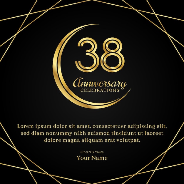 38 years anniversary with a half moon design double lines of gold color numbers and text anniversary celebrations on a luxurious black and gold background