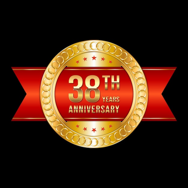 38th anniversary emblem design with gold color and red ribbon Logo Vector Template Illustration