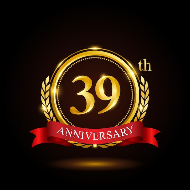 39th golden anniversary template design with shiny ring and red ribbon laurel wreath isolated on black background logo vector