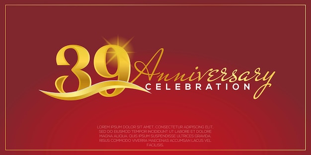 39년 기념일, 금색과 붉은 색으로 기념일 축하를 위한 벡터 디자인.