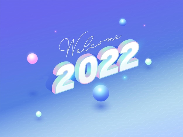 Номер 3d 2022 с шарами, украшенными на глянцевом синем фоне для приветствия нового года.
