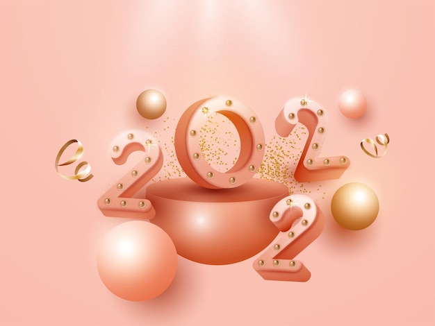 3d 2022 numeral with balls or pearls, golden curl ribbons and half globe on glossy pink background for happy new year concept.