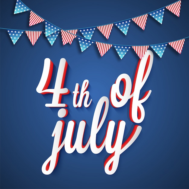 ベクトル フラグの色のbuntingsの装飾と7月のテキストの3d 4th。アメリカ独立記念日ポスター、バナー、フライヤーデザイン。