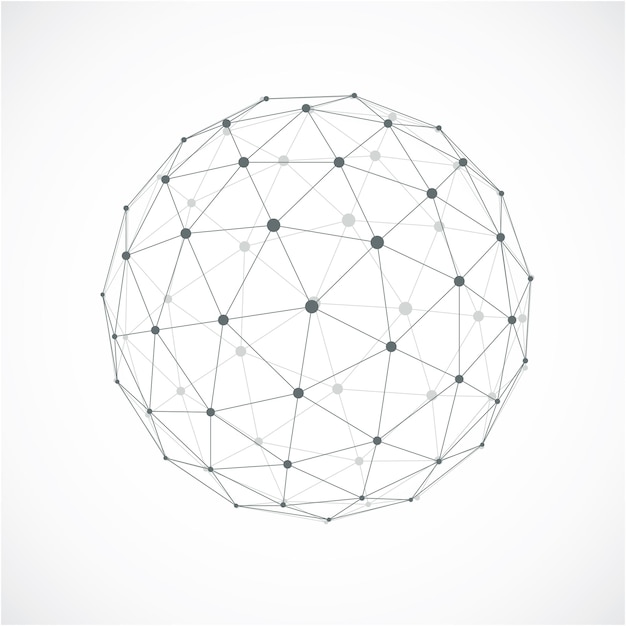 3d abstract faceted figure with connected blue lines and dots. Vector low poly design element, cybernetic orb shape with grid and transparent lines mesh.