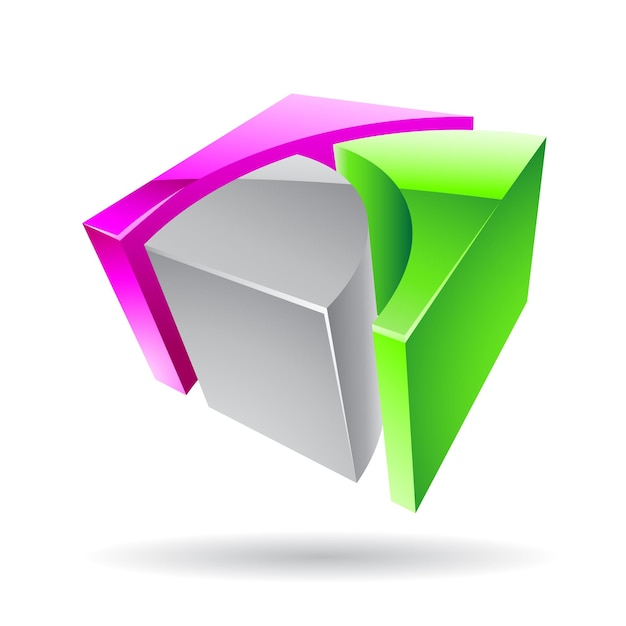 Vector 3d abstract glossy metallic logo icon of grey magenta and green cube shape