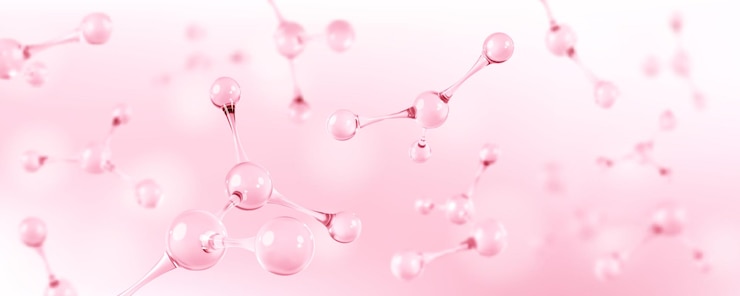 Vector 3d abstract molecular structures collagen serum and vitamin hyaluronic acid skin care solutions