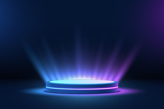 Vettore podio astratto 3d con luci al neon lucide. visualizzazione, premio, sfondo o presentazione del prodotto