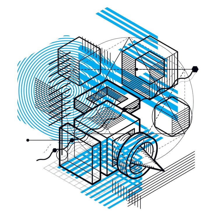 Vector 3d abstract vector isometric background. layout of cubes, hexagons, squares, rectangles and different abstract elements.