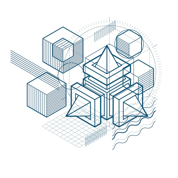 Fondo isometrico di vettore astratto 3d. disposizione di cubi, esagoni, quadrati, rettangoli e diversi elementi astratti.