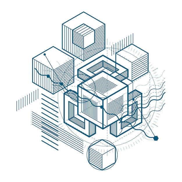 3d abstract vector isometric background. Layout of cubes, hexagons, squares, rectangles and different abstract elements.