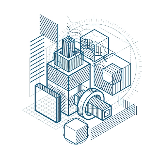 3d abstract vector isometric background. Layout of cubes, hexagons, squares, rectangles and different abstract elements.