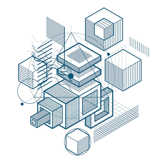 3d abstract vector isometric background. Layout of cubes, hexagons, squares, rectangles and different abstract elements.