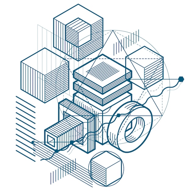 Fondo isometrico di vettore astratto 3d. disposizione di cubi, esagoni, quadrati, rettangoli e diversi elementi astratti.