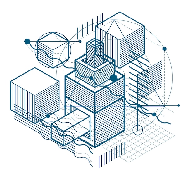 3d abstract vector isometric background. layout of cubes, hexagons, squares, rectangles and different abstract elements.