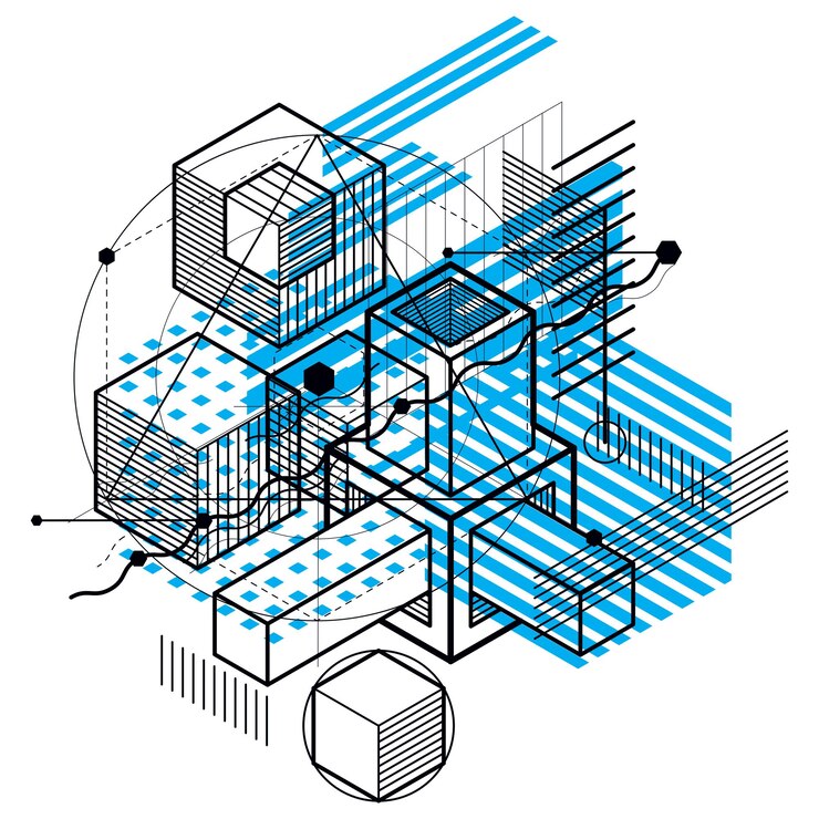 Vector 3d abstract vector isometric background. layout of cubes, hexagons, squares, rectangles and different abstract elements.