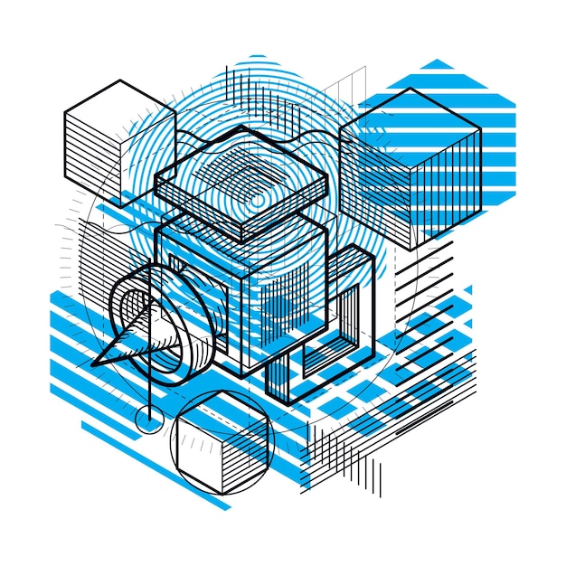 벡터 3d 추상적인 벡터 아이소메트릭 배경입니다. 큐브, 육각형, 사각형, 사각형 및 다른 추상 요소의 레이아웃입니다.