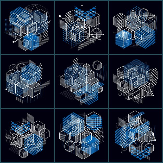 3D-abstracte vector isometrische achtergronden. Lay-outs van kubussen, zeshoeken, vierkanten, rechthoeken en verschillende abstracte elementen. Vector collectie.