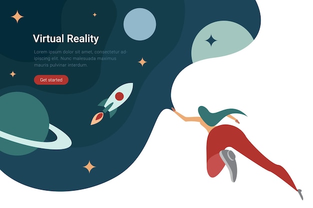 3D abVR Technologie platte ontwerp illustratie Vrouw in virtuele bril in de ruimte met planeten